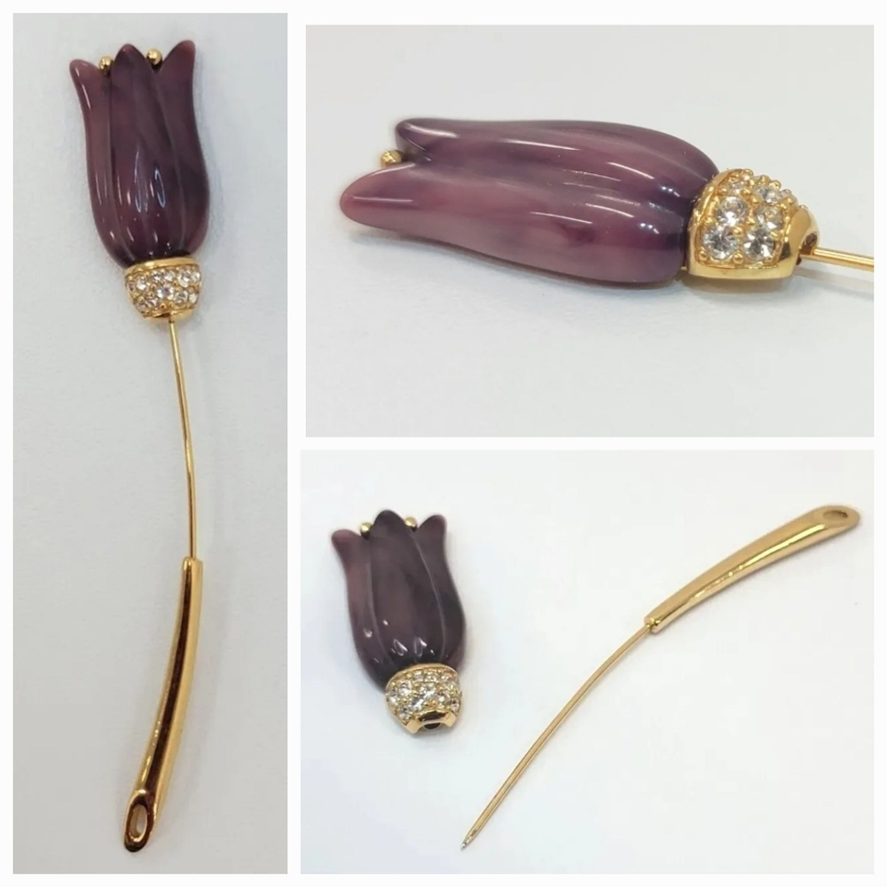 Vtg GIVENCHY PARIS NY 1978 Gold Crystal & Purple Lucite Tulip Lapel Stick Pin